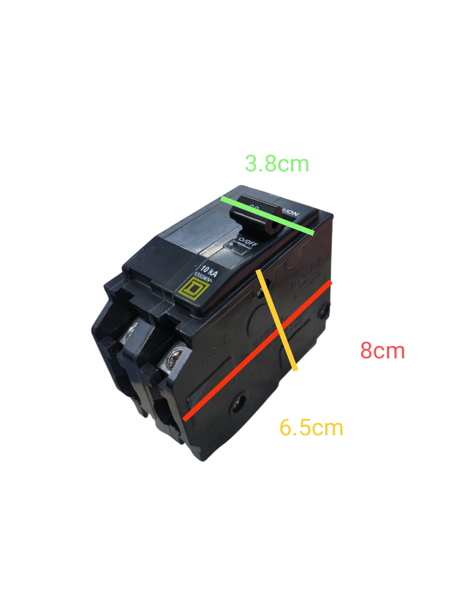 Square D 60 Amp Circuit Breaker 2Pole Plug In with dimensions 3.8cm, 6.5cm, and 8cm for electrical safety