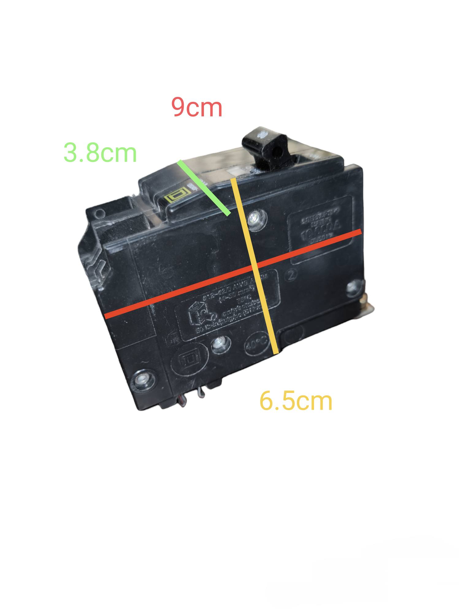 Square D 80A 2Pole Bolt On Circuit Breaker with black casing and measurement markings