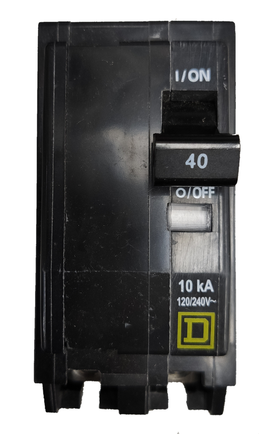 Square D Circuit Breaker 40A 2 Pole QOB black electrical component with on off switch