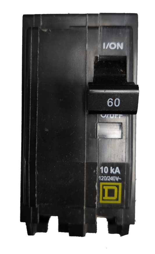 Square D Circuit Breaker 60A 2 Pole QOB black electrical component with 60 amp switch