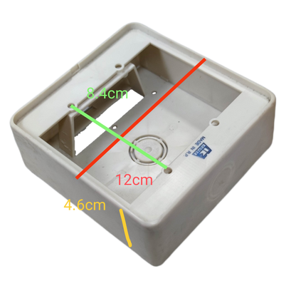 Kopez white square electrical box for outlets with dimensions 12cm by 8.4cm and 4.6cm depth