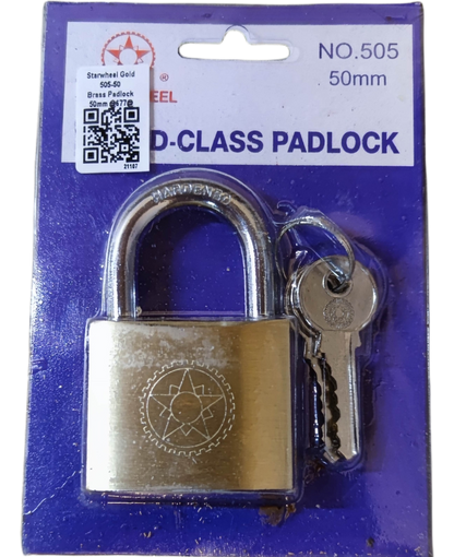 Star Wheel brass padlock with key, durable 50mm design, ideal for securing doors and gates
