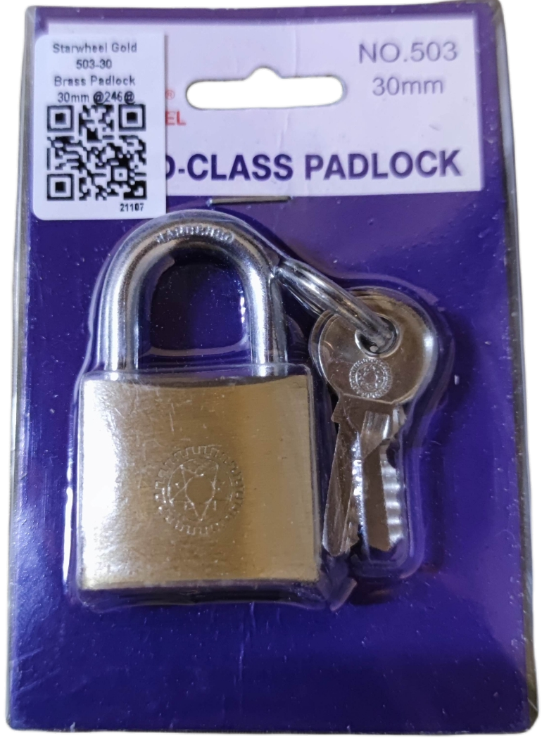 Star Wheel brass padlock with two keys, packaged for security and durability