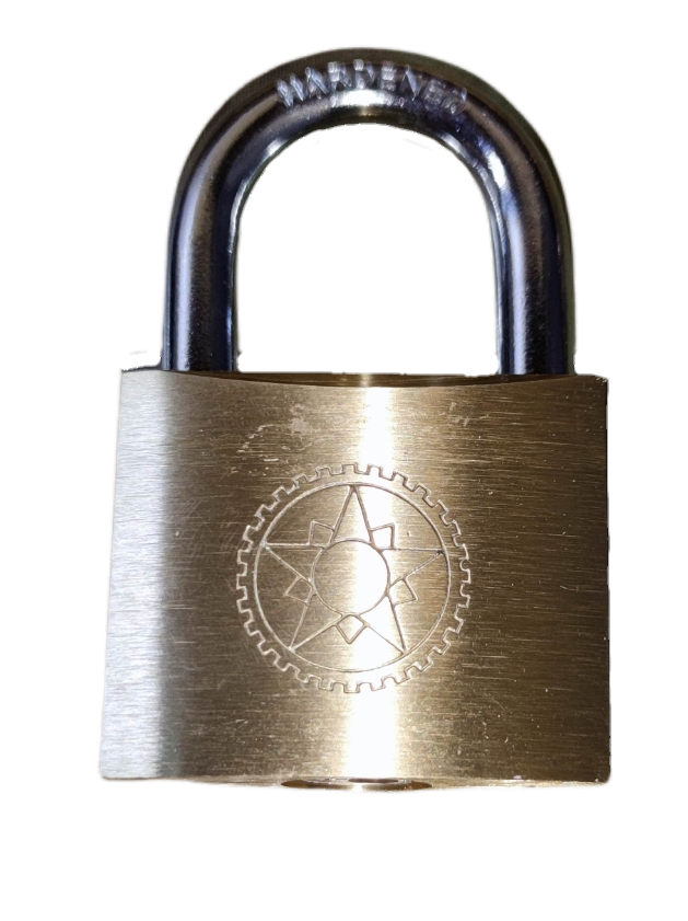 Star Wheel brass padlock with a durable metal design and engraving for secure locking