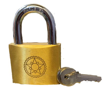 Star Wheel brass padlock with a shiny chrome shackle and matching key for secure locking