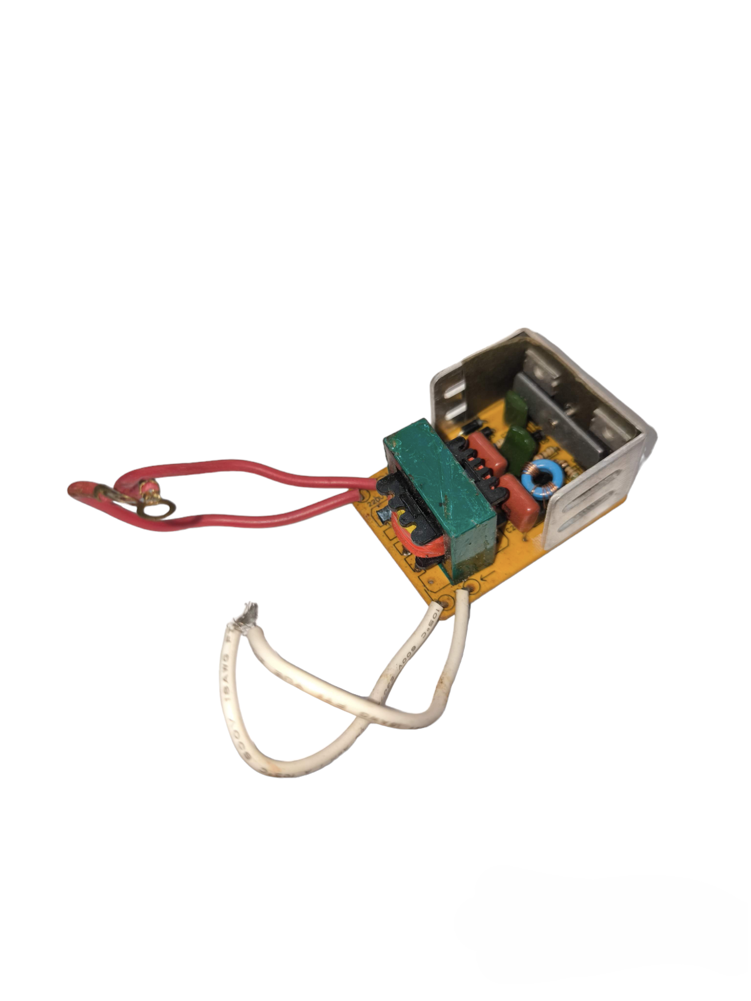 Step Down Transformer 220V to 12V electrical component with red and white wires mounted on circuit board