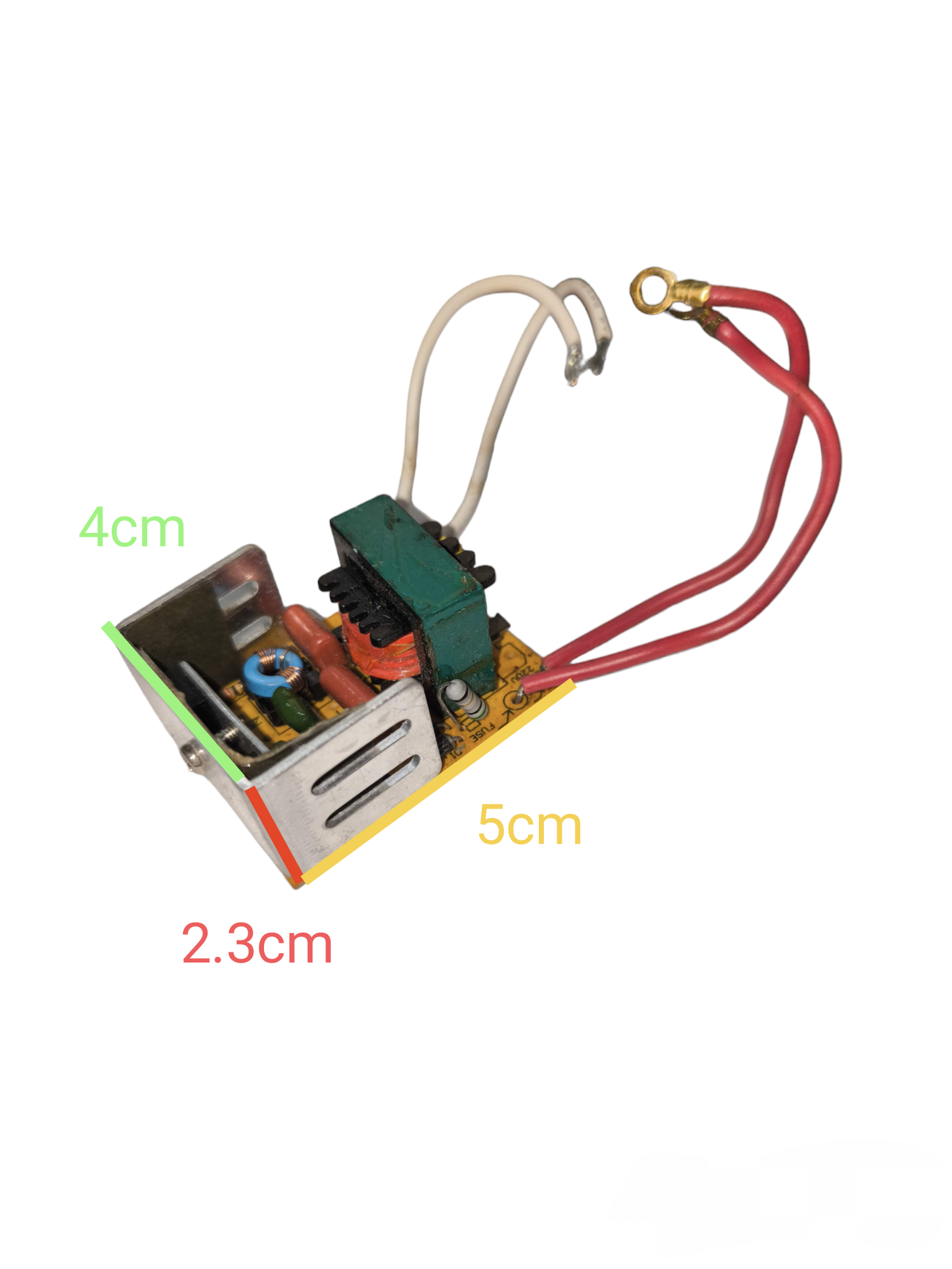 Compact Step Down Transformer 220V to 12V with red and white wires and metal mounting bracket