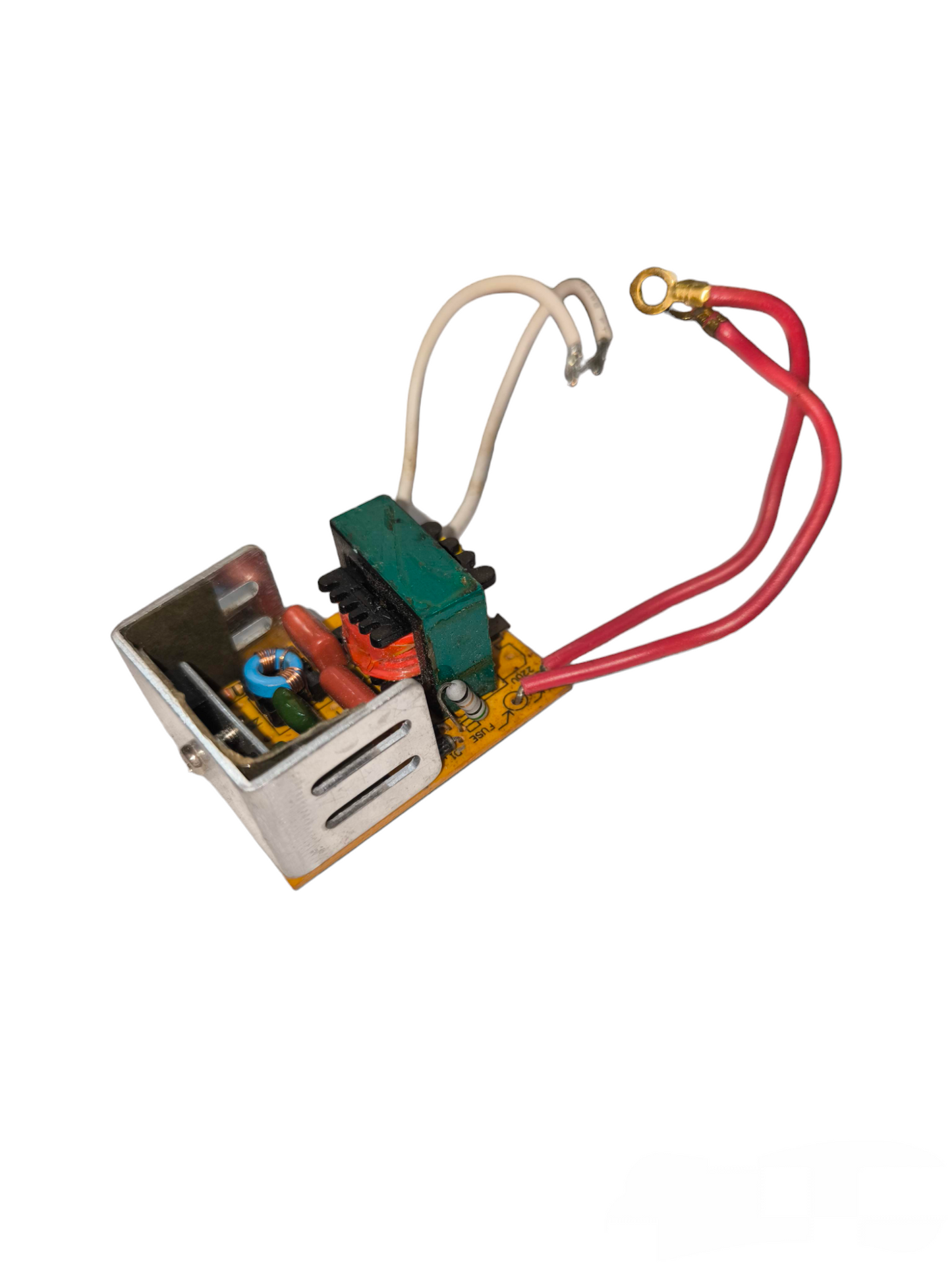 Step Down Transformer 220V to 12V electrical circuitry with red and white wires on yellow circuit board