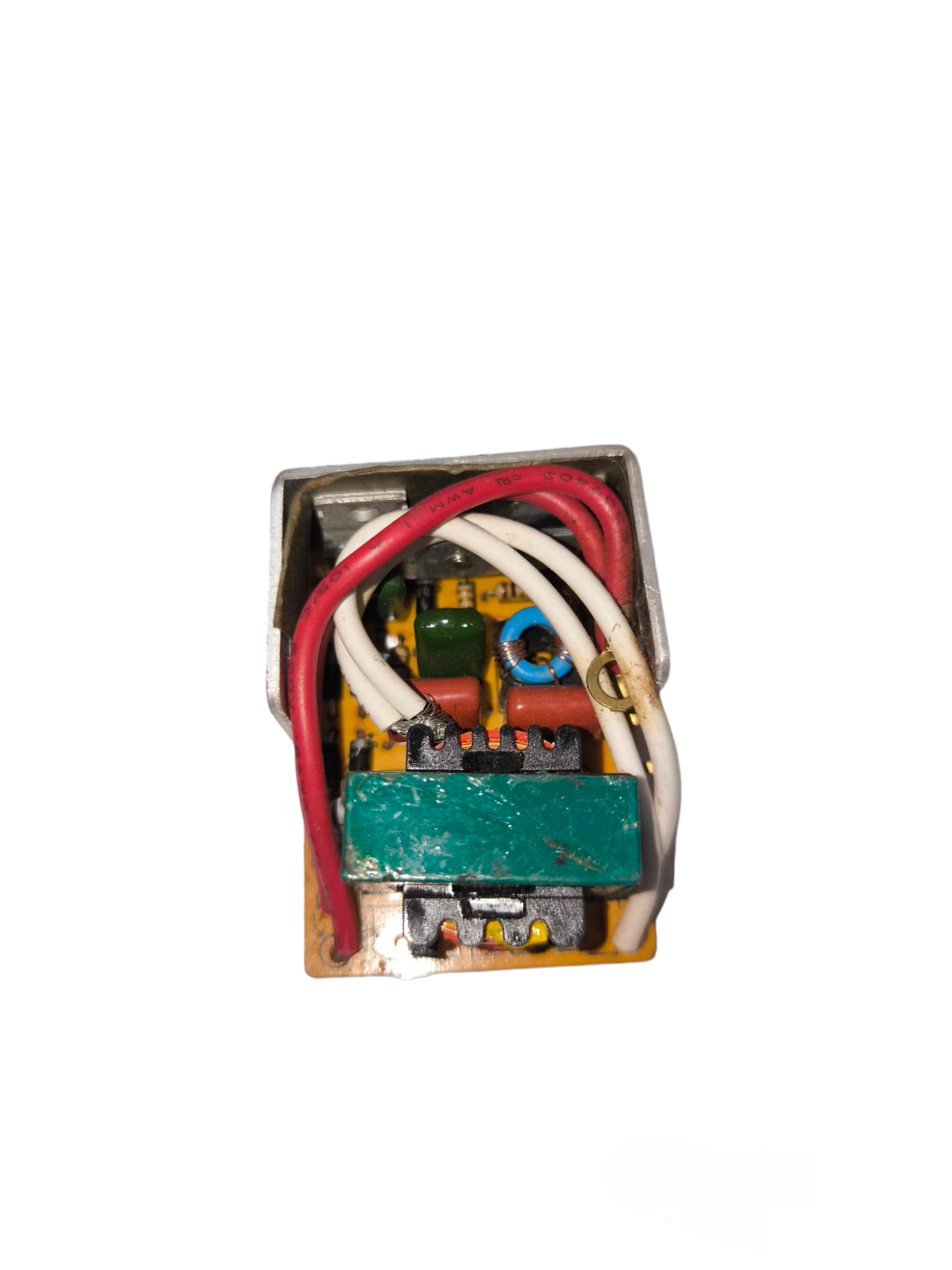 Step Down Transformer 220V to 12V electrical component with red and white wires and circuit parts