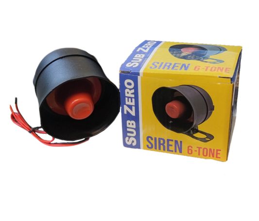Electx Electrical Supply 12V 6 tone siren with black housing and red center next to yellow product box