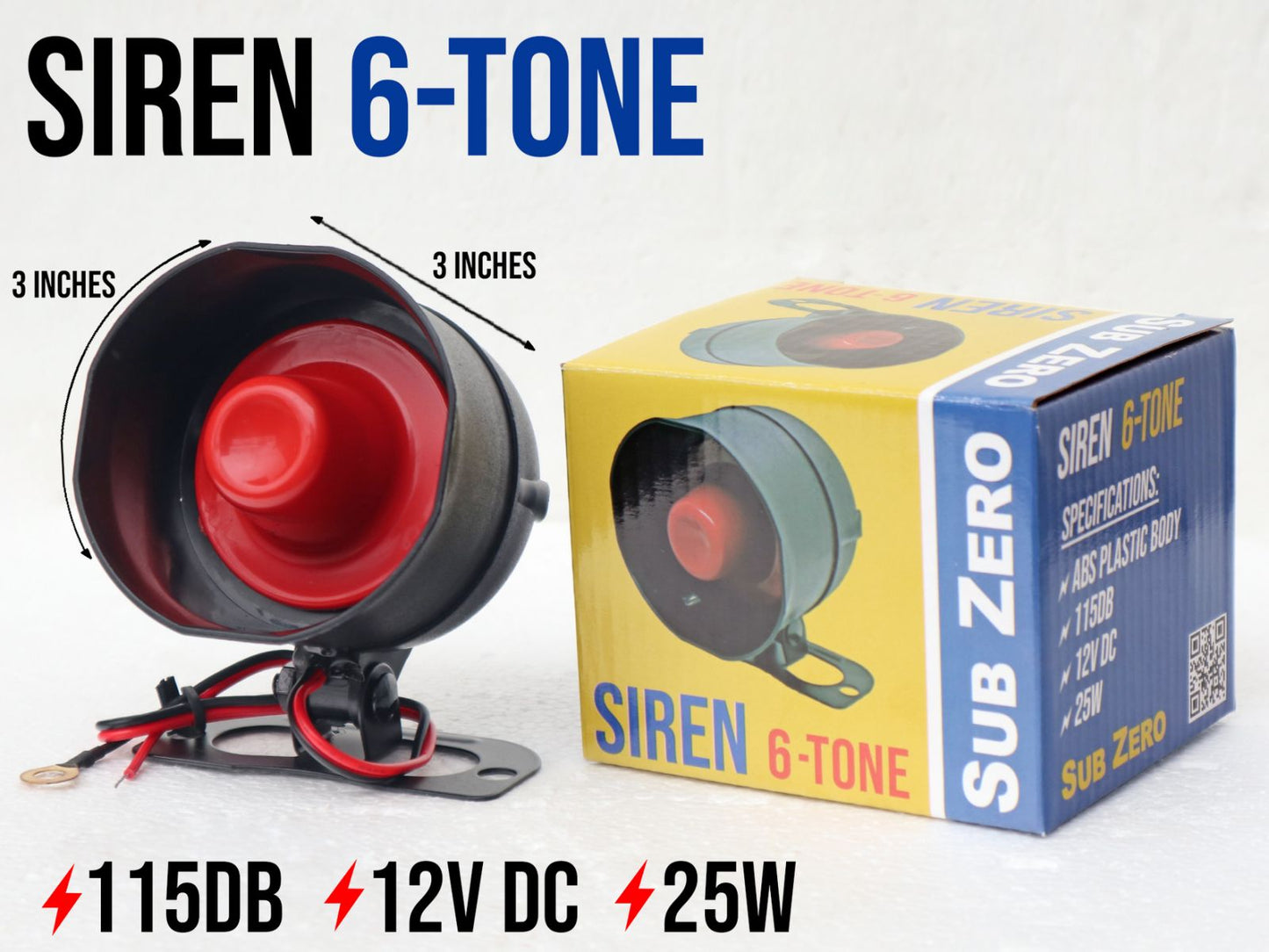 Electx Electrical Supply 12V 6 tone siren with 115DB sound and compact 3 inch size next to its packaging box