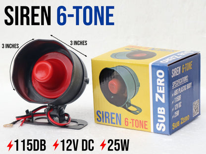 Electx Electrical Supply 12V 6 tone siren with 115DB sound and compact 3 inch size next to its packaging box