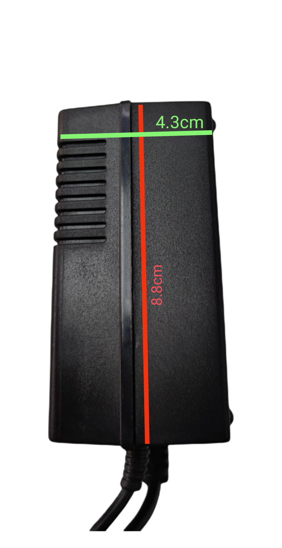 Grippes DC Automotive Adaptor power plug with black casing and measurements