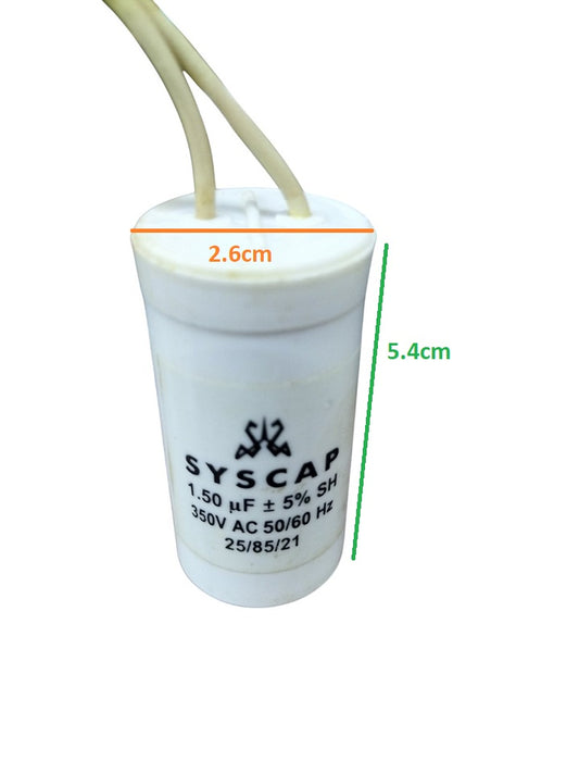 SYSCAP 1.5 microfarad capacitor white cylindrical electrical component with two wire leads