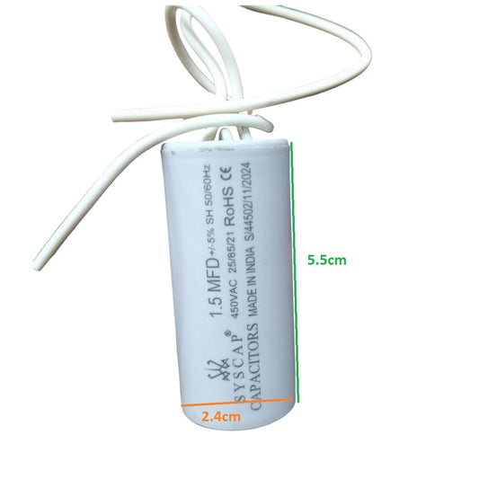 Syscap 1.5MFD 450V AC Motor Run Capacitor with white wires for electrical circuitry and parts
