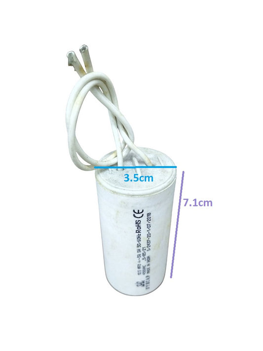 Syscap 10.5MFD 450 VAC Running Capacitor white cylindrical electrical component with attached wires