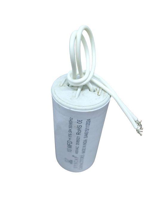 Syscap 10MFD 450 VAC Running Capacitor white cylindrical electrical component with attached wires