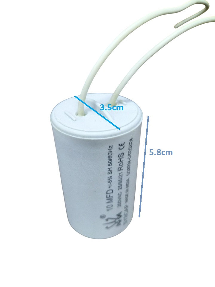 CBB 10MFD motor running capacitor with wiring, measuring 3.5cm wide and 5.8cm tall
