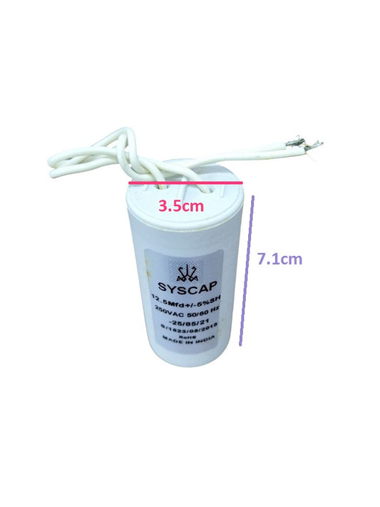 Syscap 12.5MFD 250 VAC Running Capacitor cylindrical electrical component with wires