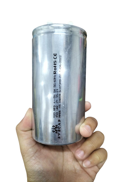 SYSCAP 120 MFD 450V AC motor running capacitor Oil Filled held in hand for electrical circuitry use