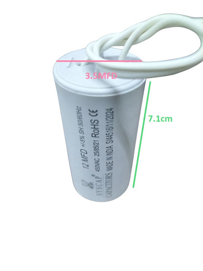 Syscap 12MFD motor capacitor with white cylindrical body and attached wiring for electrical circuits