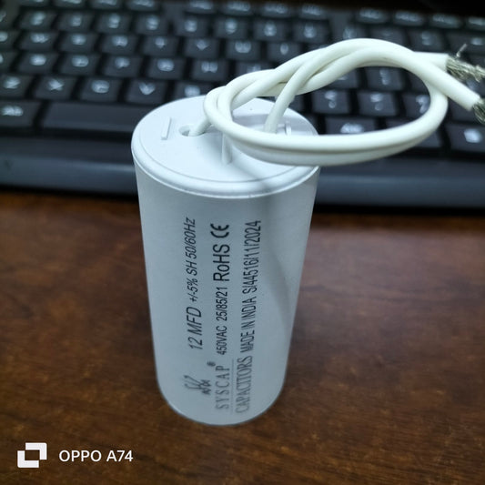 Syscap 12MFD motor capacitor with attached wires for electrical circuitry and motor applications
