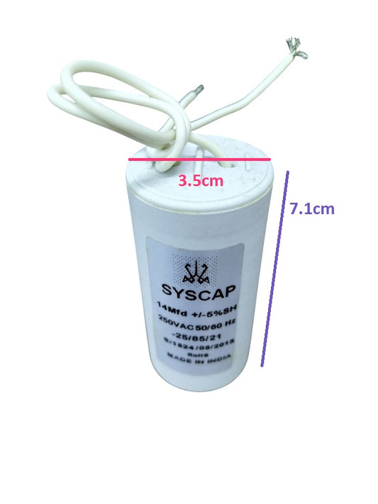 Syscap 14MFD 250 VAC Running Capacitor with white cylindrical body and attached wires