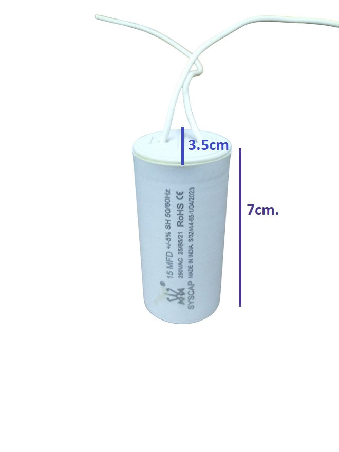 Syscap 15MFD 250V AC Running Capacitor with a compact design for electrical applications