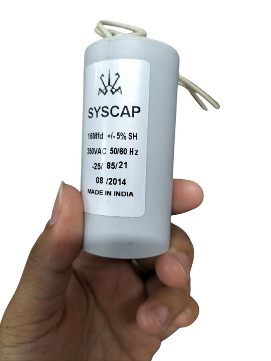Syscap 16MFD Motor Running Capacitor held in hand for electrical circuitry and parts use