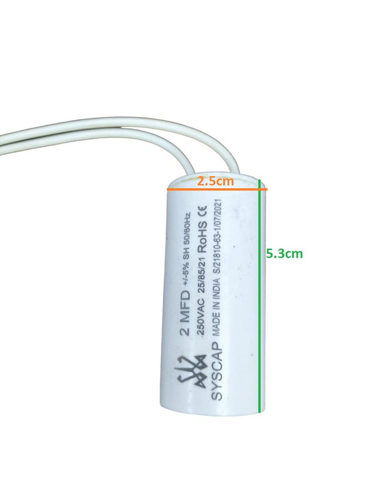 Syscap 2.0 MFD motor running capacitor white cylindrical electrical component with wires