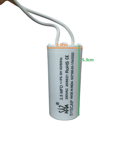 Syscap 2.5MFD motor running capacitor with white wires and printed specifications on the casing