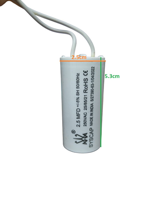 Syscap 2.5MFD motor running capacitor with white wires and printed specifications on the casing