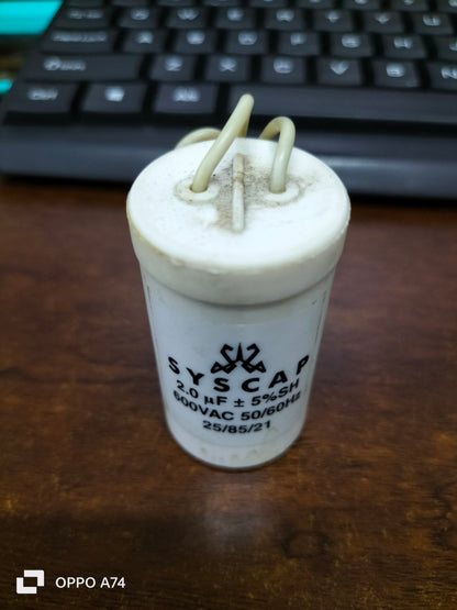 Syscap 2MFD 600V AC Running Capacitor with Clear Label and Connection Wires