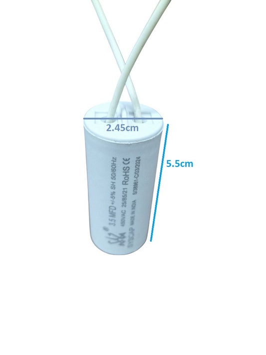 Syscap 3.5MFD 450V AC Running Capacitor white cylindrical electrical part with wires