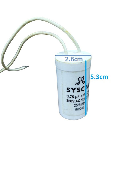 Syscap 3.75uF 250V AC capacitor white cylindrical electrical component with wires