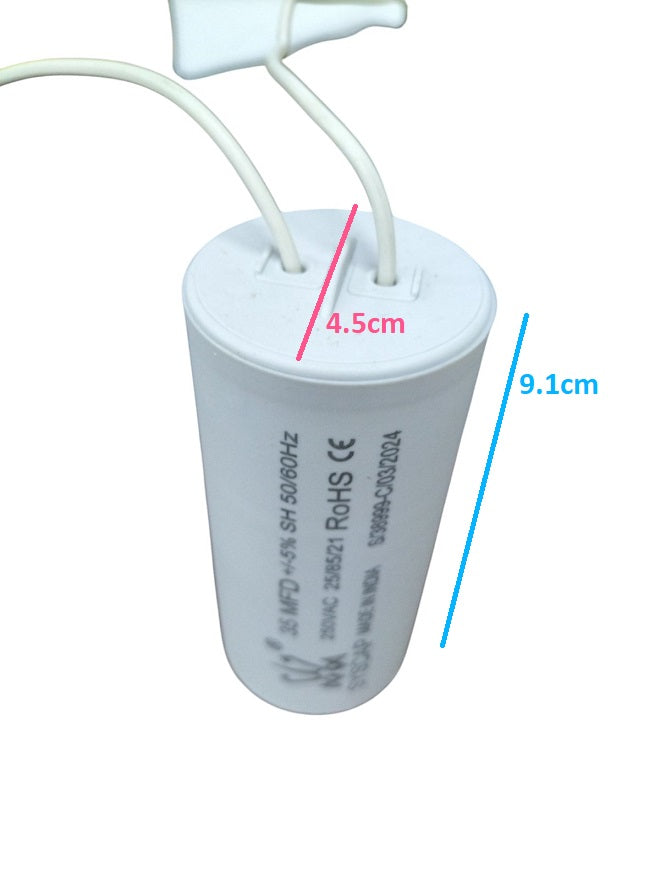 Syscap 35MFD Motor Running Capacitor white cylindrical electrical component with two wires