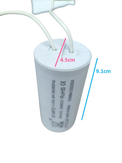 Syscap 35MFD Motor Running Capacitor white cylindrical electrical component with two wires