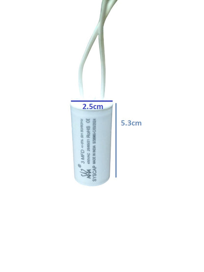 Syscap 3MFD 450V AC Running Capacitor with white cylindrical body and attached wires