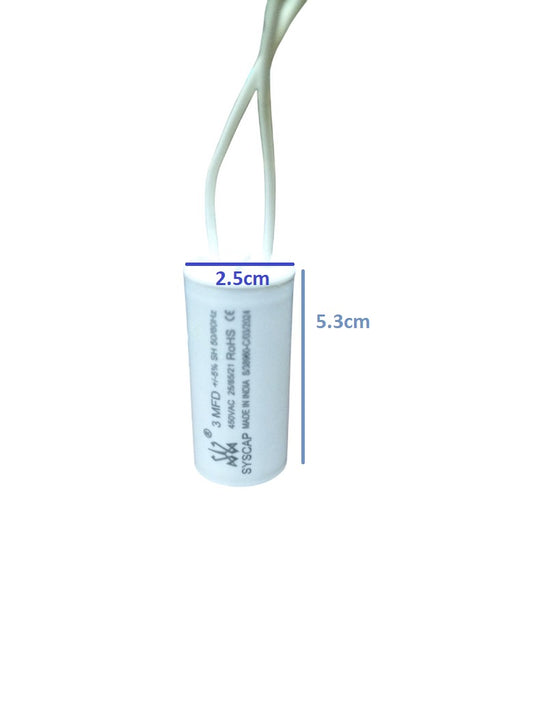 Syscap 3MFD 450V AC Running Capacitor with white cylindrical body and attached wires