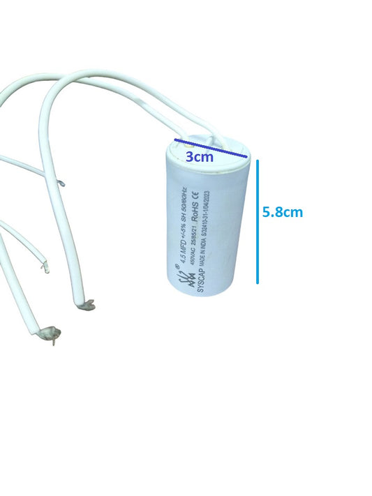 Syscap 4.5MFD motor capacitor white cylindrical electrical part with wires and size markings