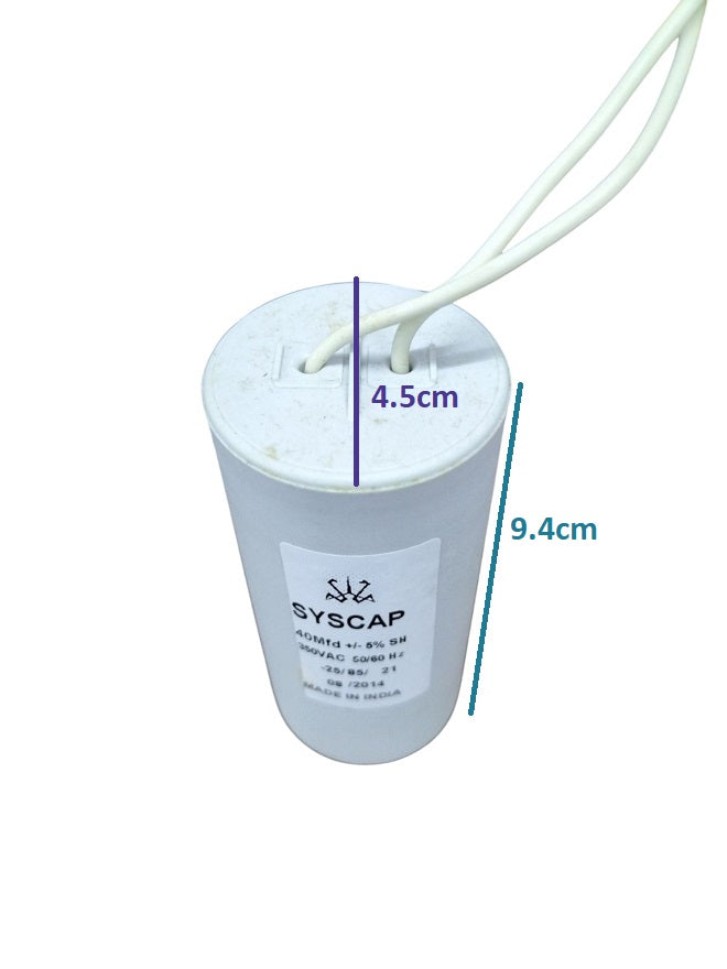 Syscap 40MFD 350 VAC Running Capacitor with dimensions of 4.5cm x 9.4cm for electrical applications