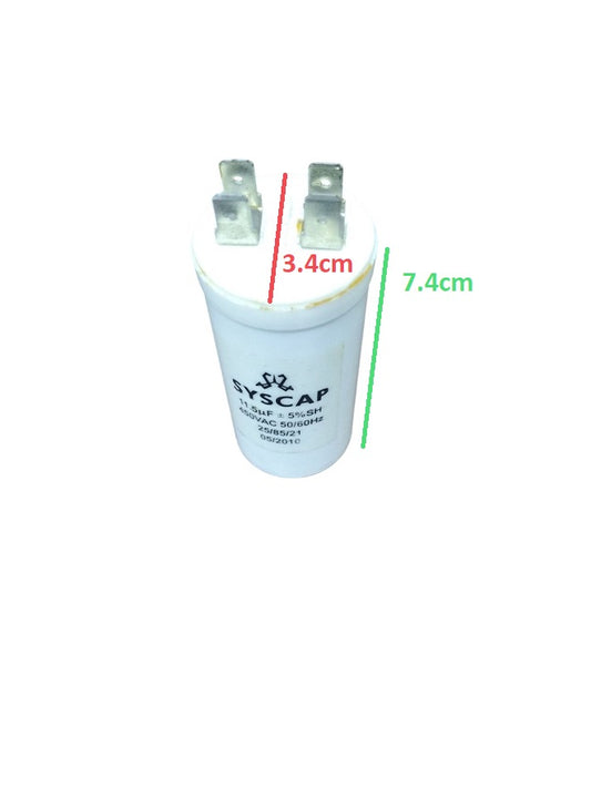 Syscap 450VAC motor start capacitor with dimensions of 3.4cm by 7.4cm for reliable electrical performance