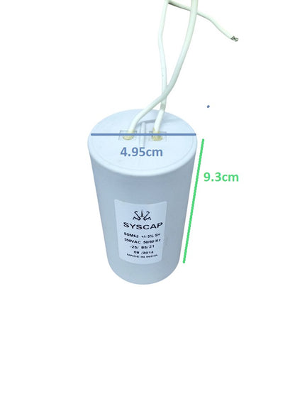 Syscap 50MFD 350V AC Running Capacitor with white wires and cylindrical shape for electrical use