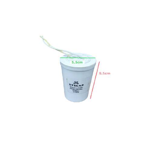 Syscap 60MFD 350V AC Running Capacitor white cylindrical electrical component with two wires