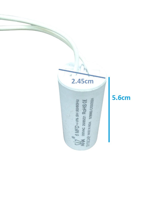 SYSCAP 6mfd 250V running capacitor for motors with white cylindrical body and wires