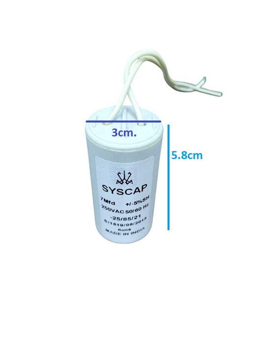 Syscap 7 Microfarad AC Motor Capacitor with white casing and wires for electrical circuitry