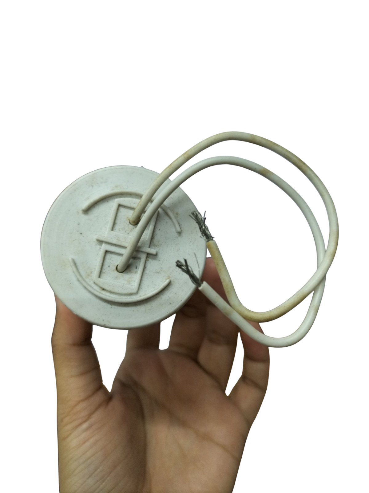 70MFD 350 VAC Running Capacitor held in a hand, featuring two connecting wires