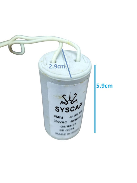 Syscap 8 Microfarad Motor Run Capacitor with white casing and wires for electrical use