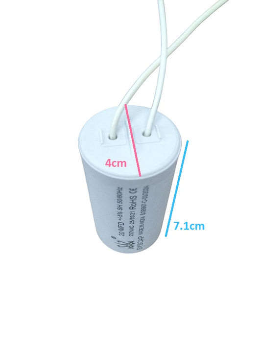 Syscap electrical capacitor for motors with white cylindrical body and wires for motor circuits