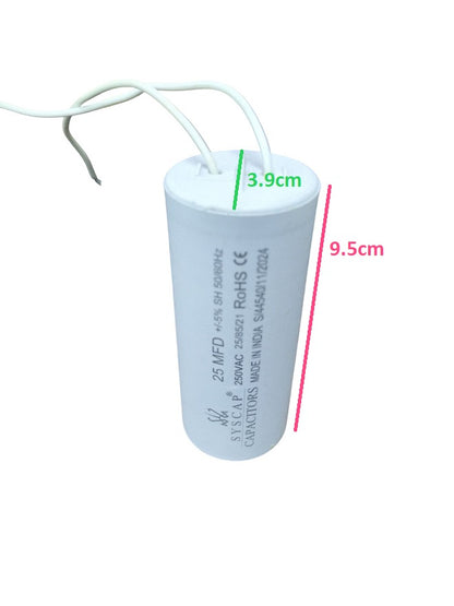 Syscap electrical motor capacitor with 25 MFD rating and white cylindrical body with wires